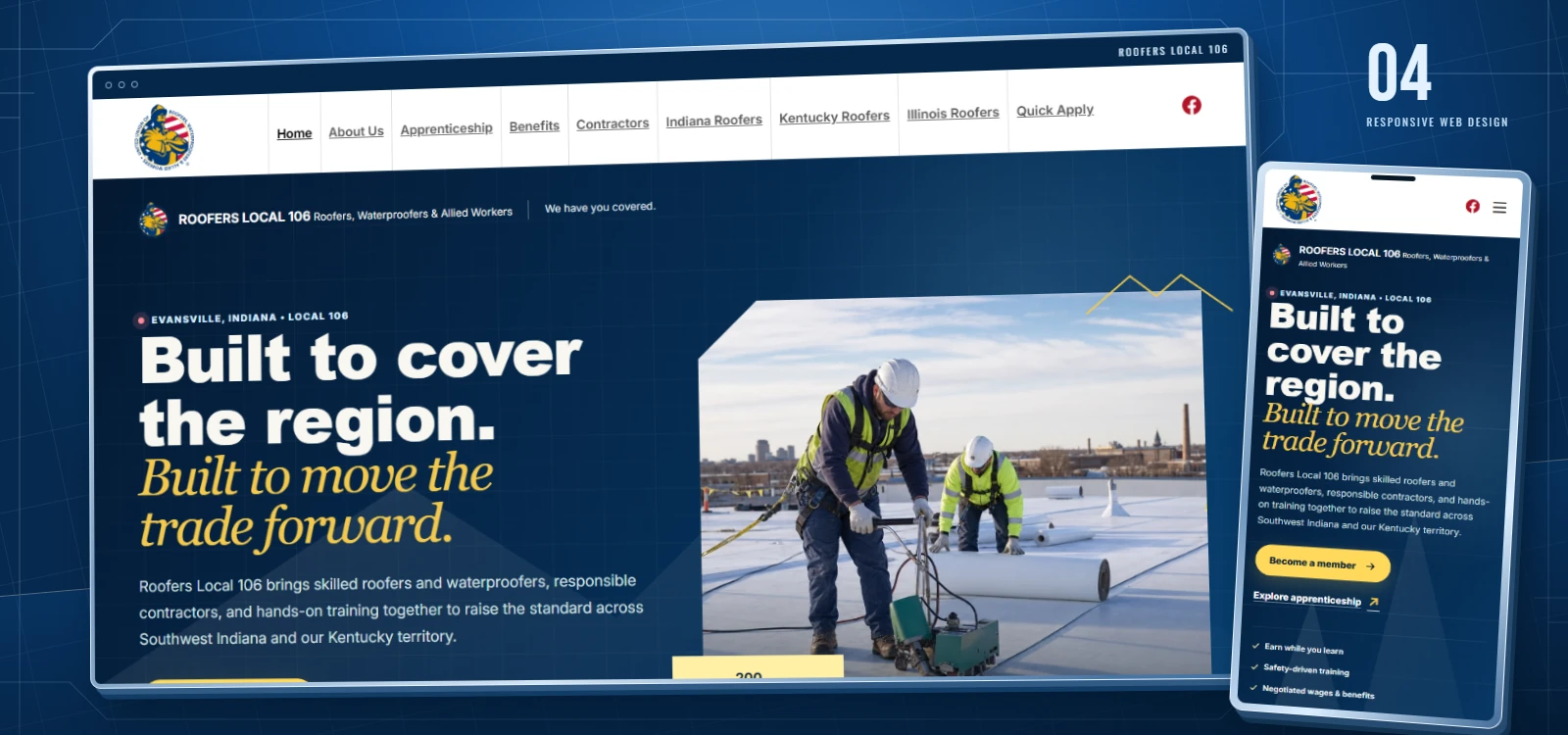 Roofers Local 106 website shown in desktop and mobile browser previews